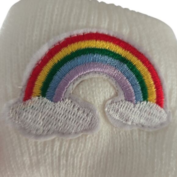 White Beanie with Rainbow and Puffy Clouds Patch | Size OS fits most - Picture 3 of 5